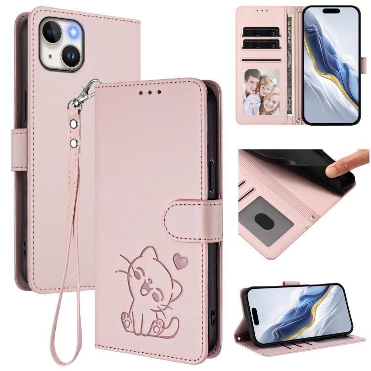 Embossed Heart Cat Leather Phone Case with Hand Strap, For iPhone 13 mini, For iPhone 12 / 12 Pro