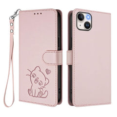Embossed Heart Cat Leather Phone Case with Hand Strap, For iPhone 13 mini, For iPhone 12 / 12 Pro