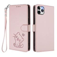 Embossed Heart Cat Leather Phone Case with Hand Strap, For iPhone 11 Pro, For iPhone X / XS