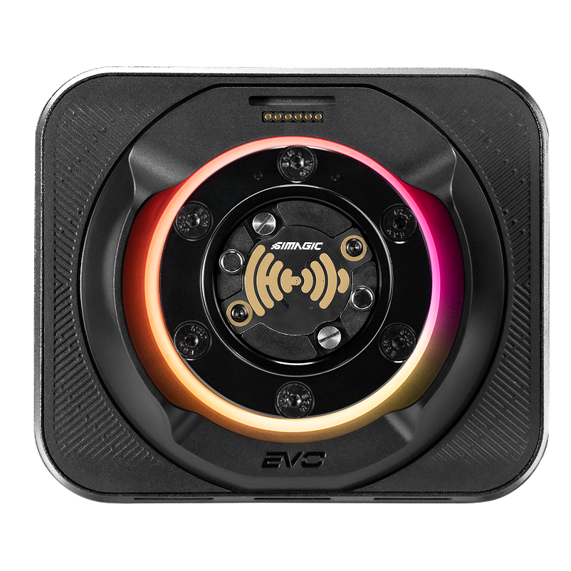 Simagic Alpha EVO Pro 18nm steering wheel base on a racing simulator frame, displaying sleek design and connection ports.