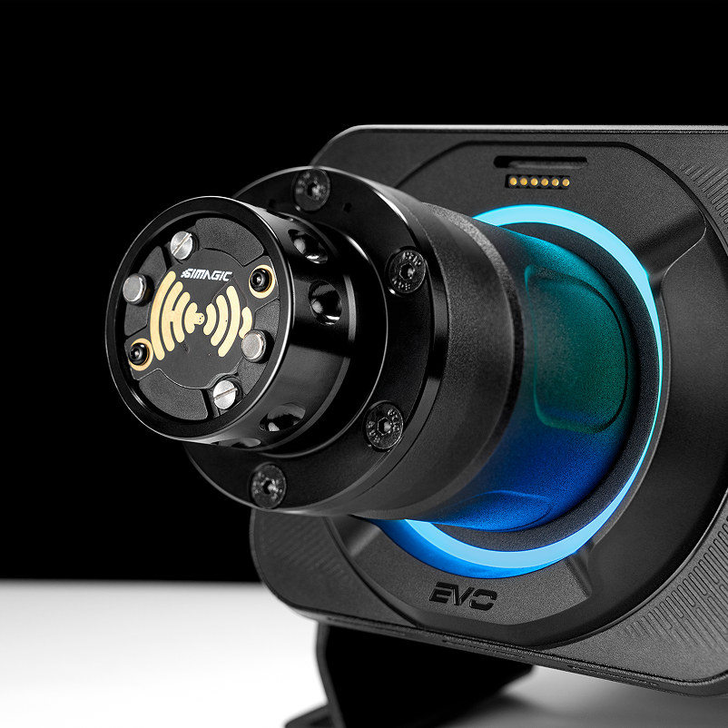 Simagic Alpha EVO Pro 18nm steering wheel base mounted on a racing simulator frame, designed for high-performance racing setups.