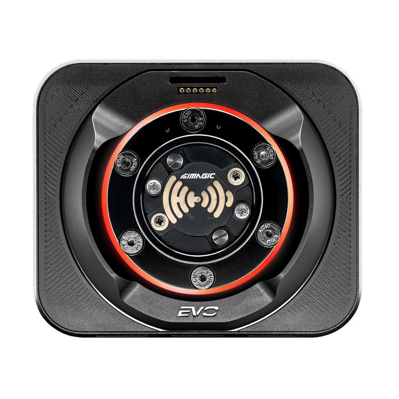 Simagic Alpha EVO 12 Nm direct-drive steering wheel base mounted on a racing simulator frame for immersive driving experiences.