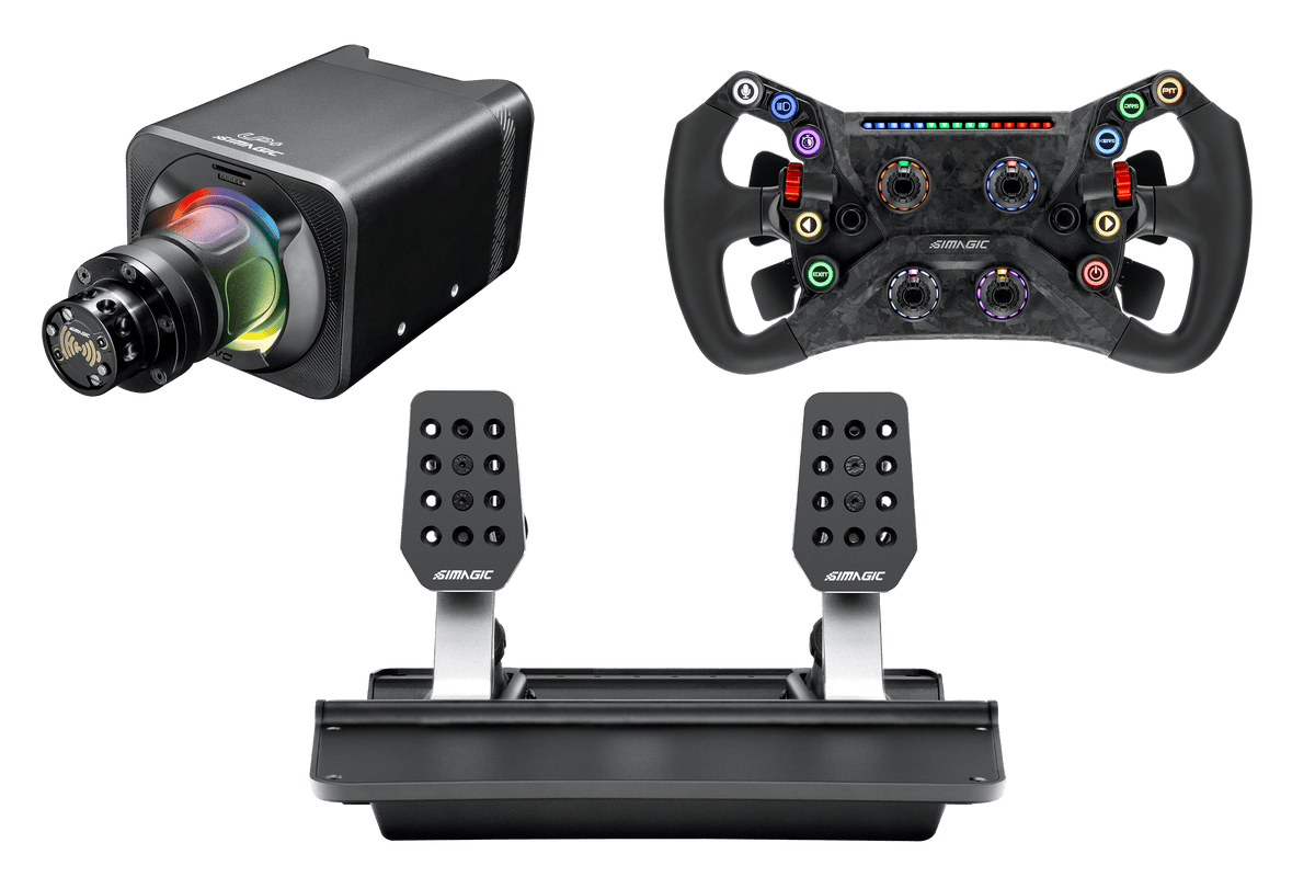 Simagic GT NEO Hub with Alpha EVO 9nm wheel base and P500-2 dual-sensor 2-pedal set for racing simulation gaming.