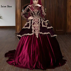 Vintage Muslim Green Wedding Dress – Beaded Velvet Satin Gown