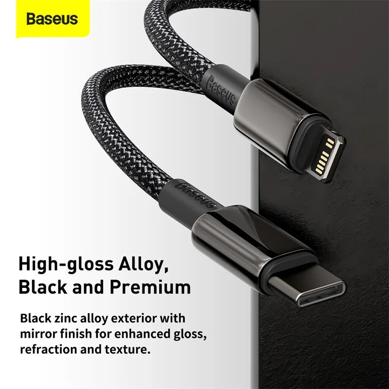 Baseus 20W PD USB-C to Lightning fast charging cable for iPhone and iPad, with a sleek black connector and braided cable design