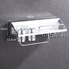 50cm 2 Cups 8 Hooks Multi-function Kitchen Punching-free Wall-mounted Plastic Edge Condiment Holder Storage Rack, 50cm Punching-free Plastic Edge