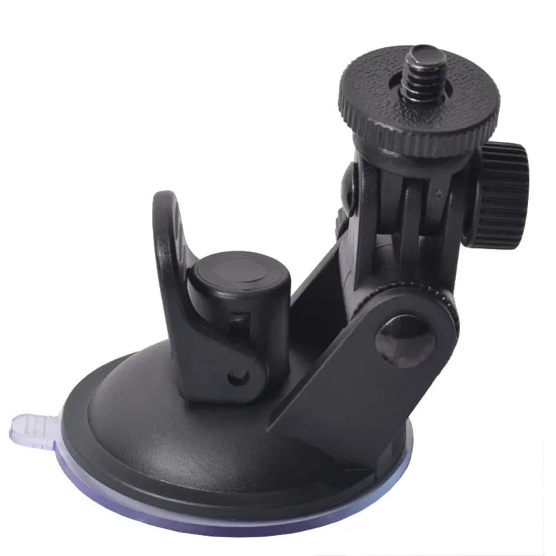 Eliteridegear mini car GPS DVR camera mounted on suction cup holder attached to vehicle dashboard.
