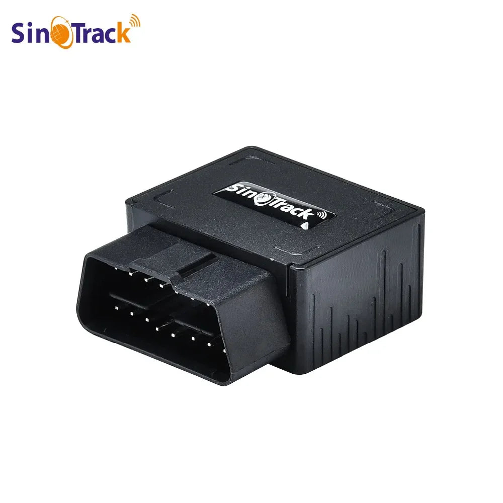 Eliteridegear OBD II GPS tracker with 16-pin OBD plug, car tracking device showing device connected to vehicle port, with app interface.