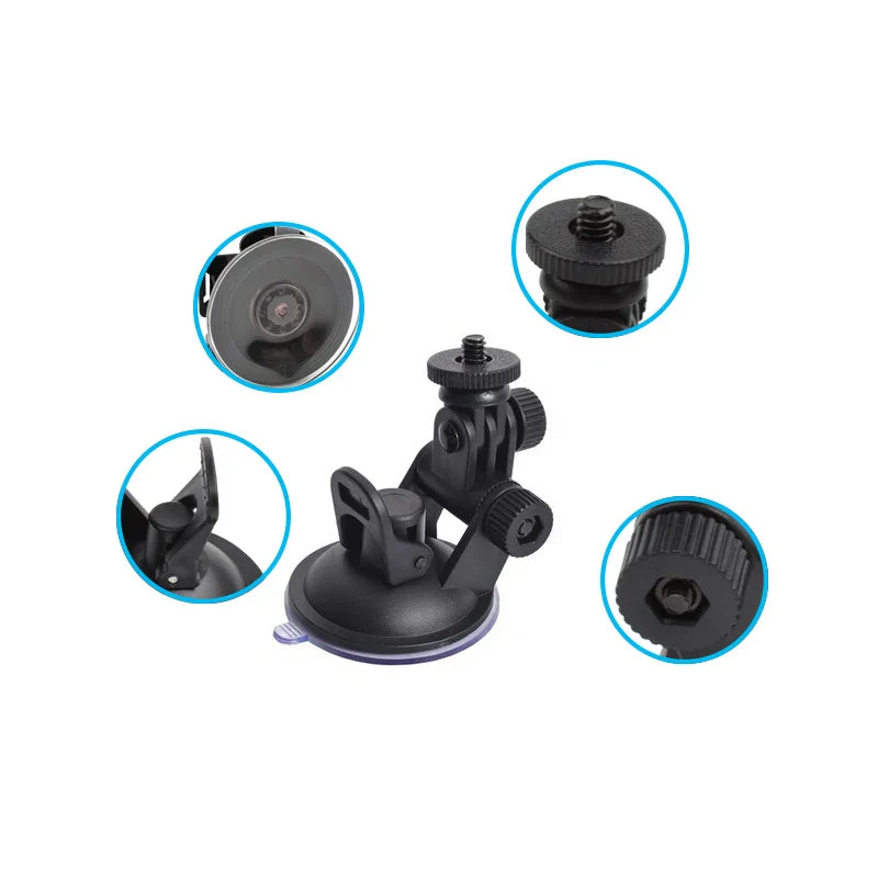 Eliteridegear mini car GPS DV DVR camera mounted on suction cup holder attached to vehicle windshield.