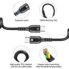 HAWEEL 1.5m 5A USB-C / Type-C to USB-C / Type-C Retractable Coiled PD Fast Charging Cable, 1.5m 5A Type-C
