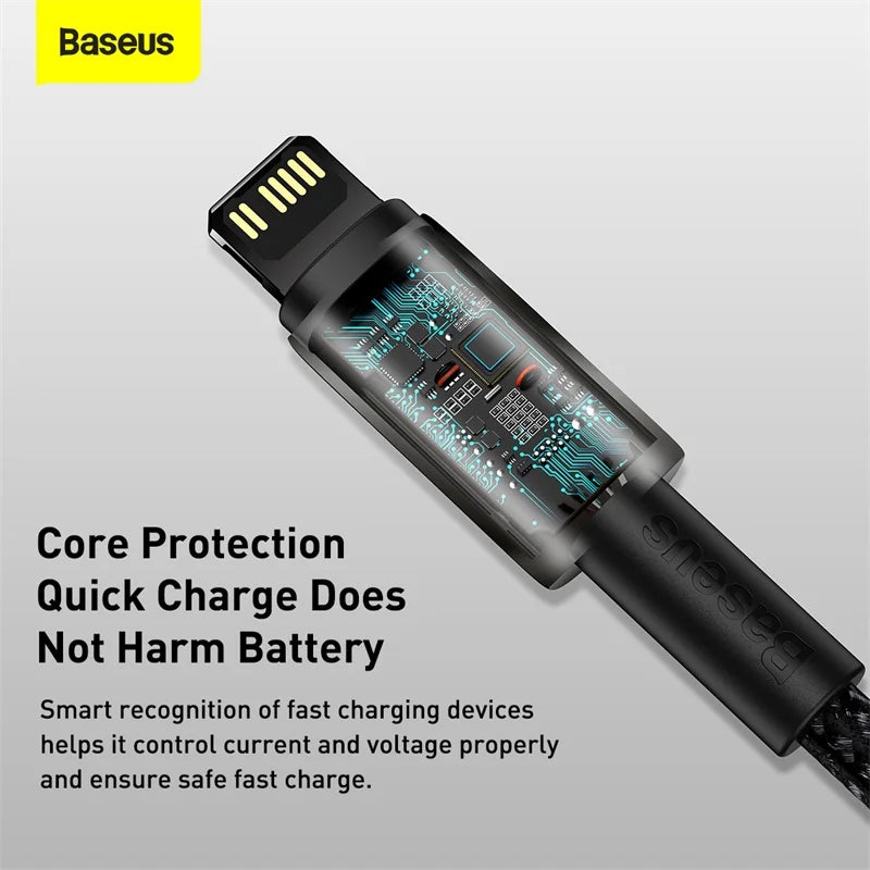 Baseus 20W PD USB-C to Lightning fast charging cable for iPhone and iPad, shown in black with USB-C and Lightning connectors