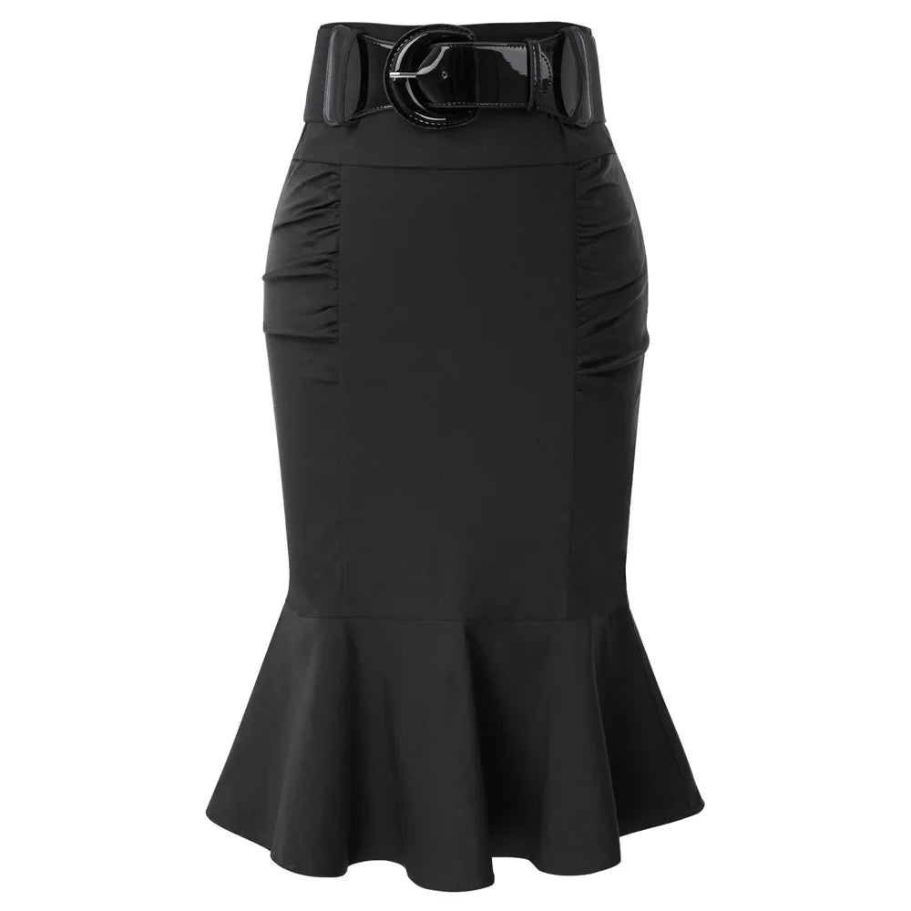 Belle Poque Pencil Skirt Women High Waist Belt Officewear