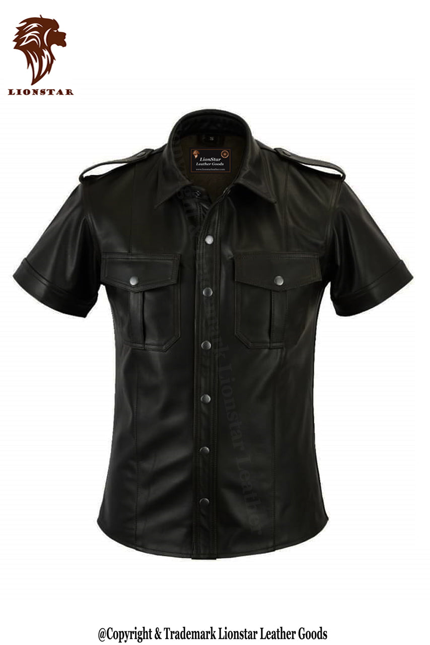 Men's Police Style Half Sleeve Leather Shirt | Premium Genuine Leather | Professional Look