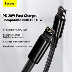Baseus 20W PD USB-C to Lightning fast charging cable for iPhone and iPad, shown connected to devices.
