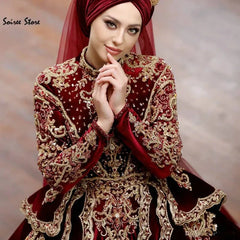 Traditional Burgundy Morrocan Wedding Dress With Gold Appliques