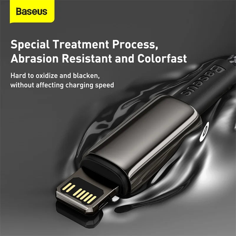 Baseus 20W PD USB-C to Lightning fast charging cable for iPhone and iPad, shown in black with USB-C and Lightning connectors.