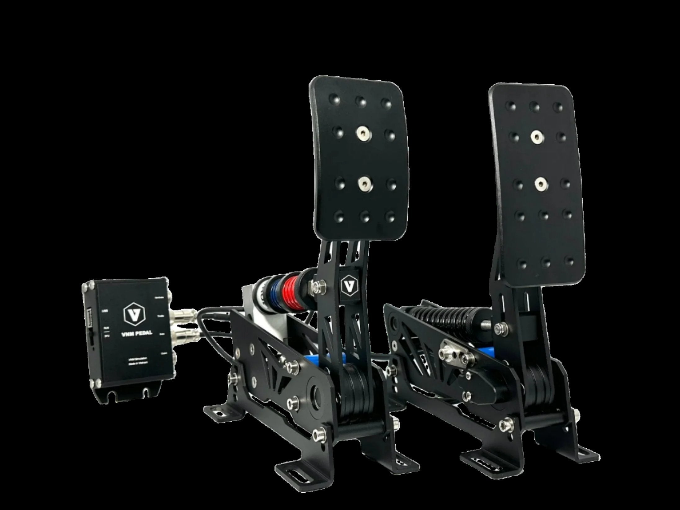 Trak Racer UK VNM Lite Pedals Set with load cell sensors for professional sim racing, featuring metal pedal surfaces and adjustable settings.