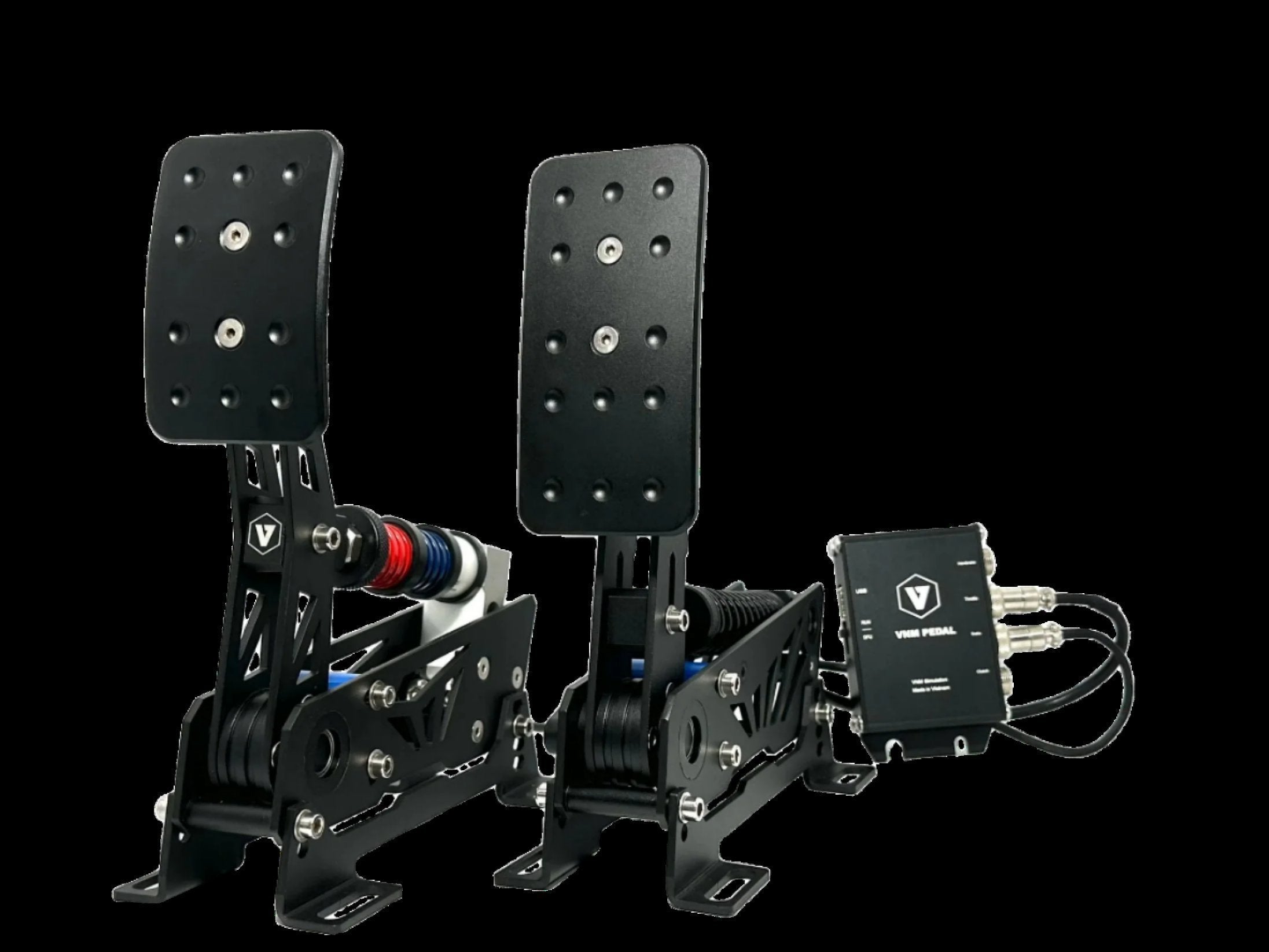 Trak Racer UK VNM Lite Pedals Set with professional load cell sim racing pedals, featuring metallic footplates and adjustable pedal arms.