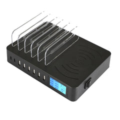50W 6 USB Ports + 2 USB-C / Type-C Ports + Wireless Charging Multi-function Charger with LED Display & Detachable Bezel, EU Plug, EU Plug