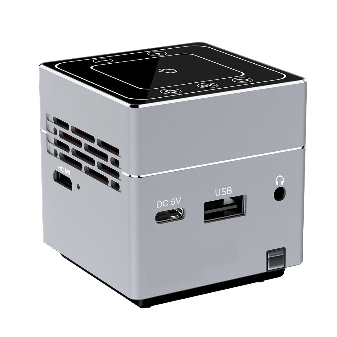 Personal Projector Pico Genie Impact 2.0 Plus ELITE portable smart LED projector displaying a colorful image on a wall.