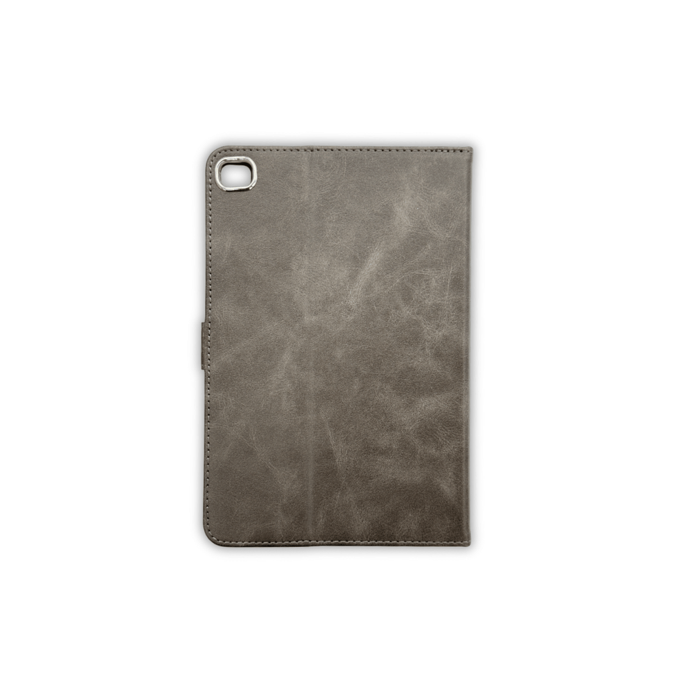 Grey leather iPad Mini book flip case with magnetic closure, designed by Phone Base, featuring a wallet-style cover and precise fit.
