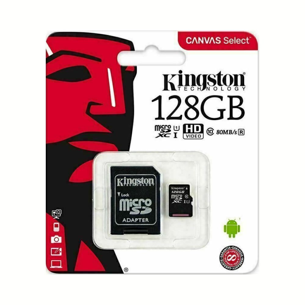 Kingston 128GB micro SD memory card compatible with USB SD card readers, shown in the image.