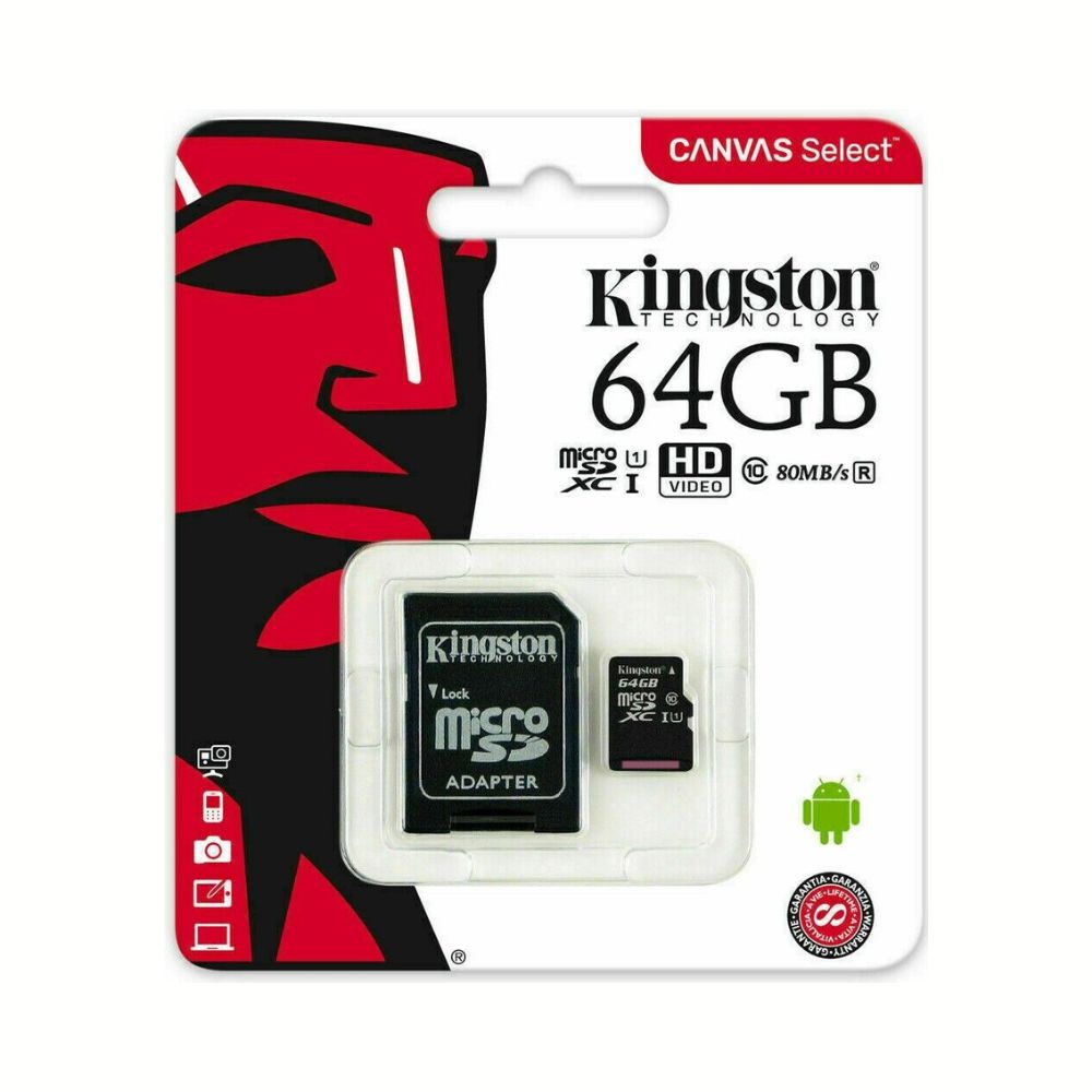 Kingston 64GB Micro SD memory card, USB SD card from Phone Base, showing the card with branding and storage capacity.
