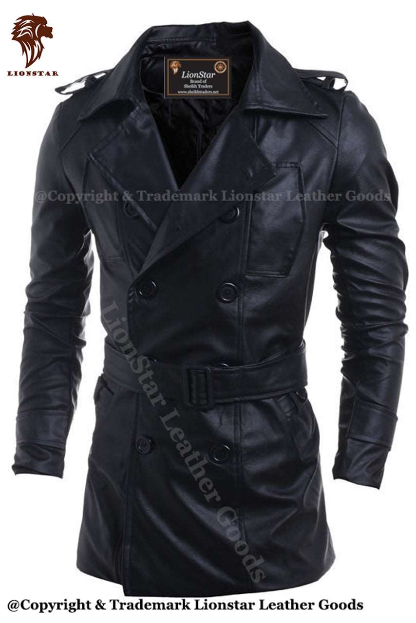 Men's Double-Breasted Pea Coat | Premium Black Cowhide | 3/4 Length | Classic Professional