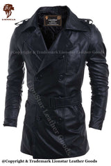 Men's Double-Breasted Pea Coat | Premium Black Cowhide | 3/4 Length | Classic Professional
