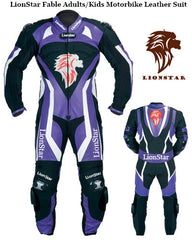 Fable Kids & Junior Motorcycle Racing Suit | Green & Purple Cowhide | CE-Approved