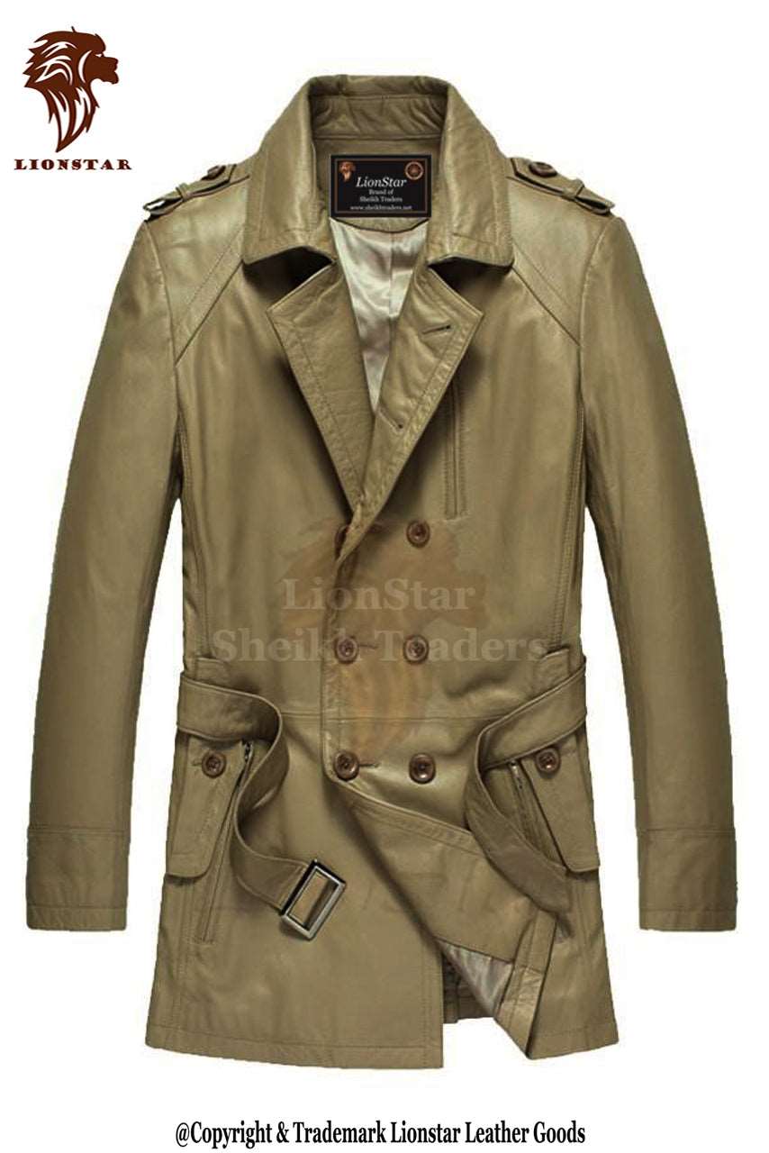 Men's Formal Double-Breasted Leather Coat | Premium Cowhide | Full Length | Black Tie Style