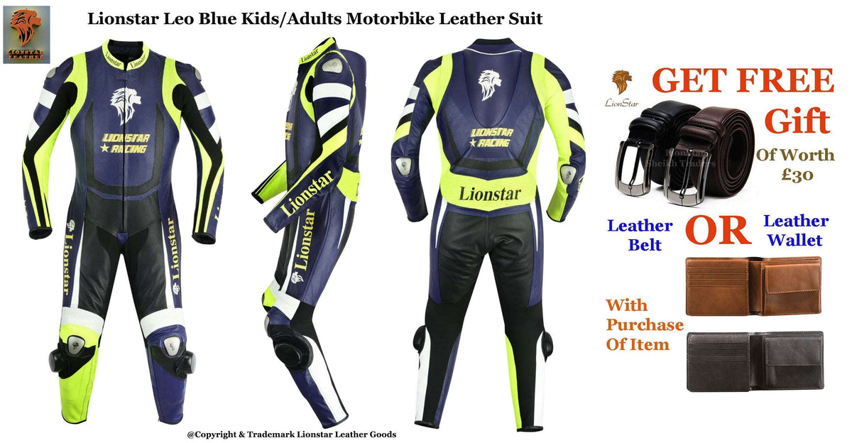 Blue Cowhide Motorcycle Racing Suit | CE-Approved Armor | Kids & Adult Sizes