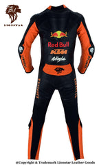 Red Bull Racing Style One-Piece Suit | Orange & Black Cowhide | CE-Approved Kids & Adults