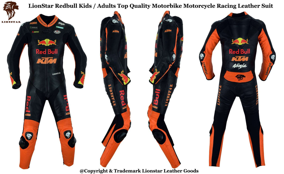 Red Bull Racing Style One-Piece Suit | Orange & Black Cowhide | CE-Approved Kids & Adults