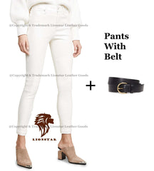 Women's Snow White Sheepskin Leather Pants | Premium Slim Fit | Unique Color | Belt Options