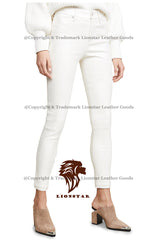 Women's Snow White Sheepskin Leather Pants | Premium Slim Fit | Unique Color | Belt Options