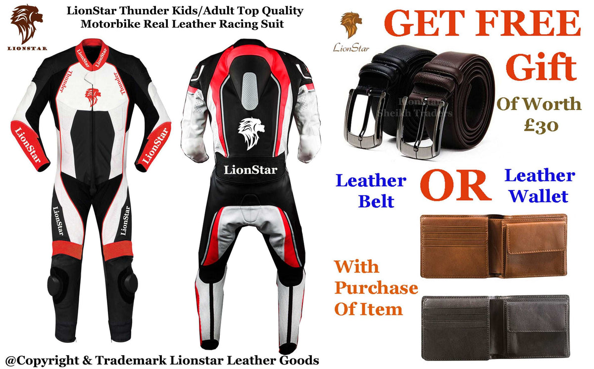 Thunder Black & White Motorcycle Racing Suit | CE-Approved Cowhide | Kids & Adults