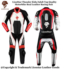 Thunder Black & White Motorcycle Racing Suit | CE-Approved Cowhide | Kids & Adults
