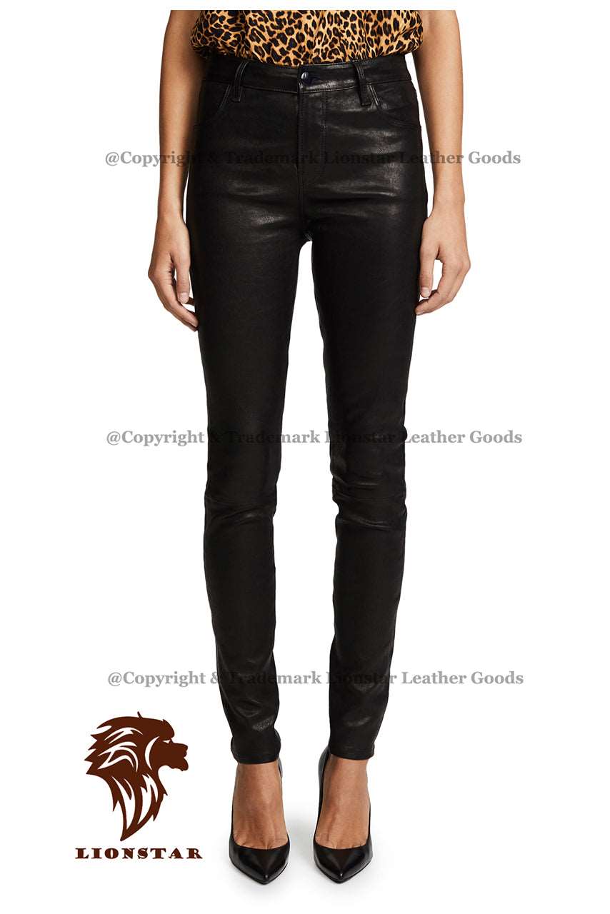 Women's Moto Sheepskin Leather Pants | Premium Black Tiger Design | Biker Style | Belt Options