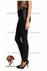 Women's Moto Sheepskin Leather Pants | Premium Black Tiger Design | Biker Style | Belt Options
