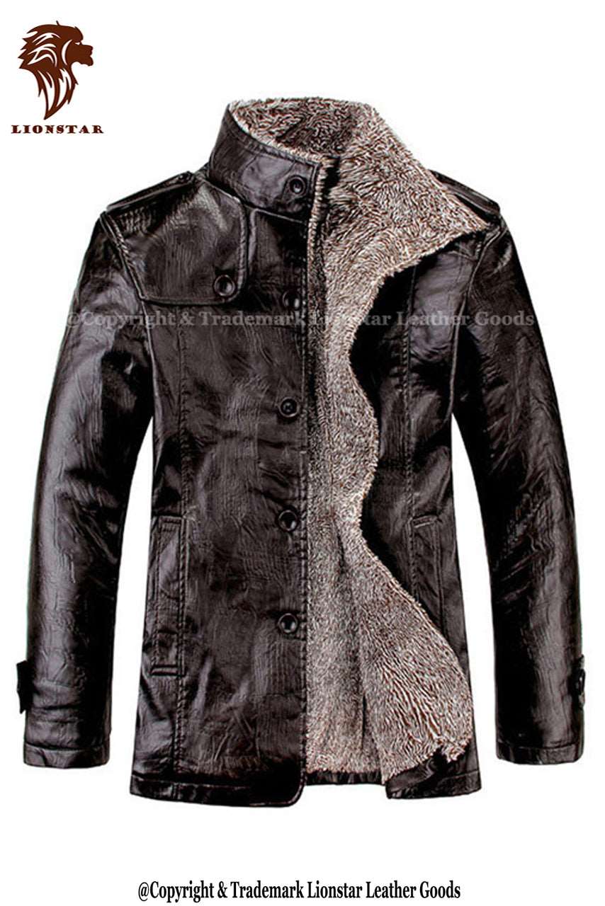 Men's Peacoat with Fur Collar | Premium Cowhide | Black/Brown | Winter Topcoat