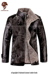 Men's Peacoat with Fur Collar | Premium Cowhide | Black/Brown | Winter Topcoat