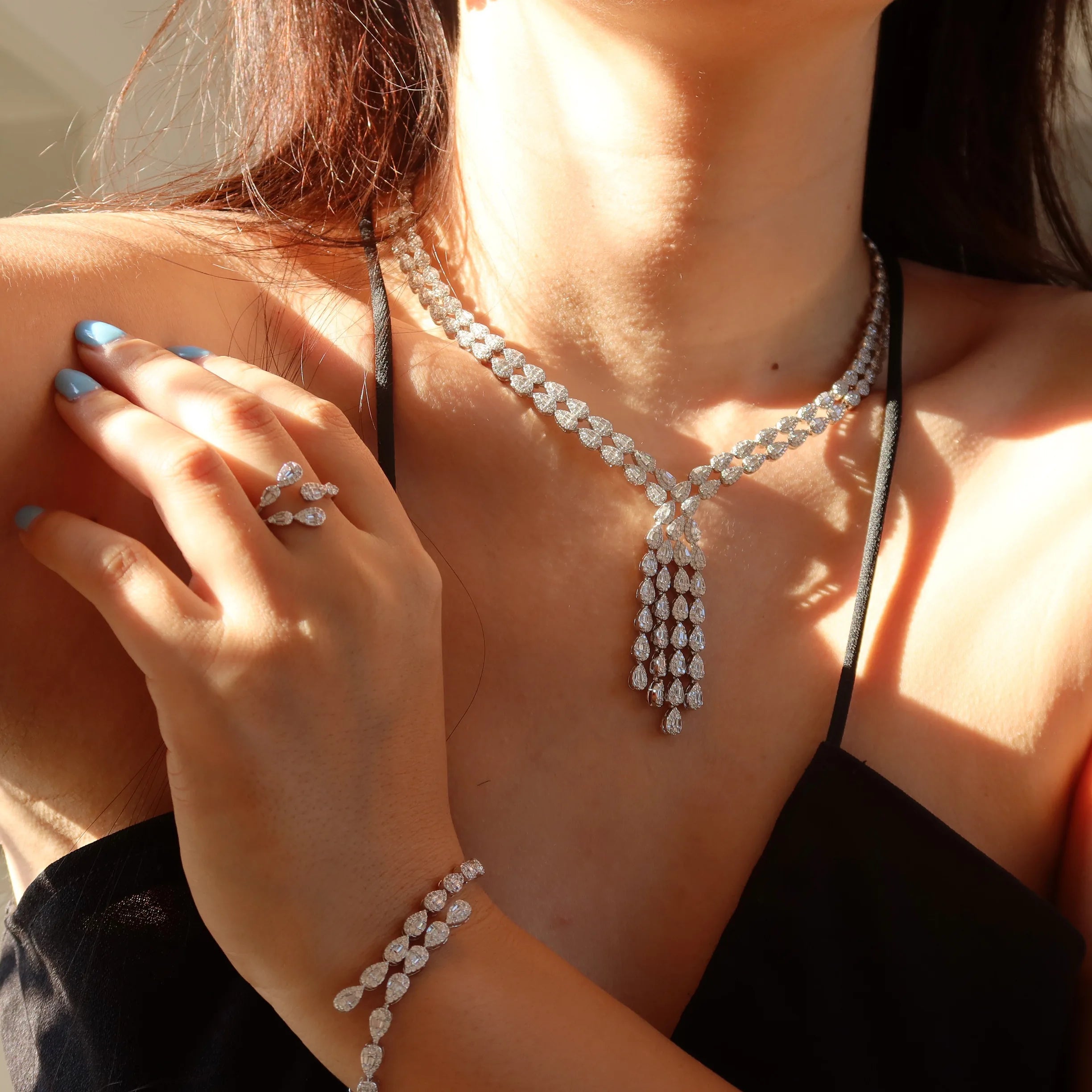 Luxury Water Drop Long Necklace Bracelet Earring Set for Women's Cubic Zirconia Bridal Jewelry S543