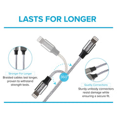 Maplin Premium Apple MFI Certified Tangle-Free Lightning to USB-A 2.0 Cable - Silver, 3m