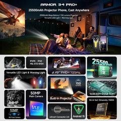 Ulefone Armor 34 Pro+ Projector, 16GB+512GB, Night Vision, IP68/IP69K Rugged Phone, 6.95 inch Android 15 MediaTek Dimensity 7400X Octa Core, Network: 5G, NFC, OTG, Armor 34 Pro+