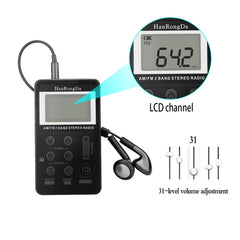 Portable AM / FM Two Bands Rechargeable Stereo Radio Mini Receiver with & LCD Screen & Earphone Jack & Lanyard