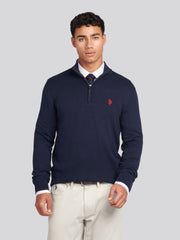 Mens Cotton Funnel Neck 1/4 Zip Knit in Dark Sapphire Navy / Haute Red DHM