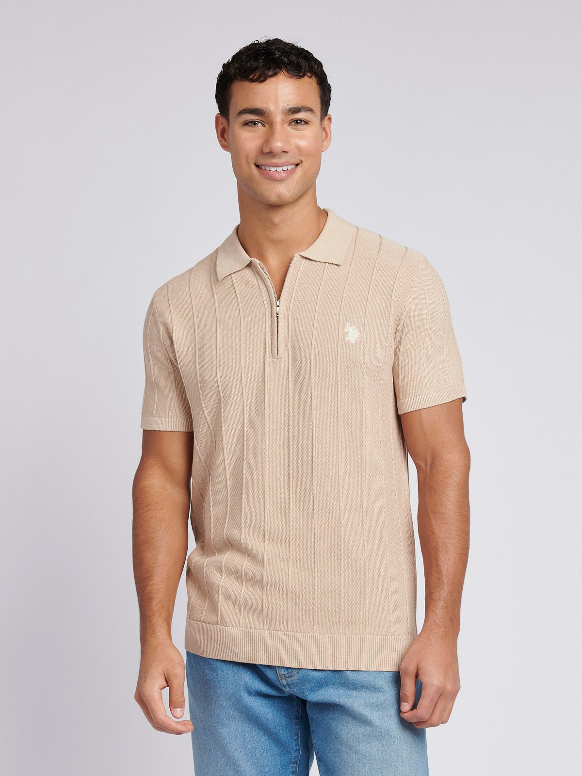 Mens Zip Knit  Polo Shirt Doeskin