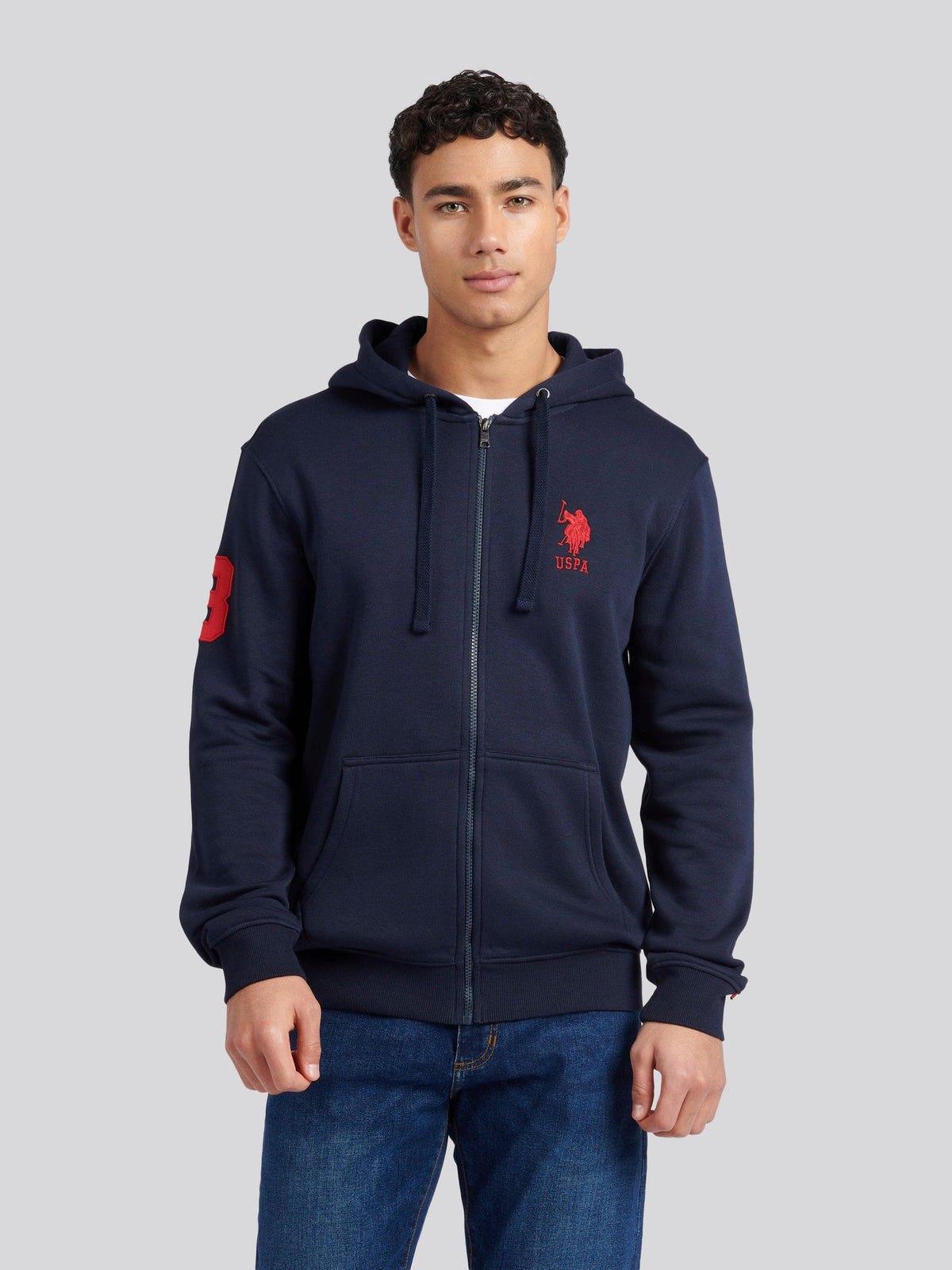 Mens Classic Fit Player 3 Zip Hoodie in Dark Sapphire Navy / Haute Red DHM