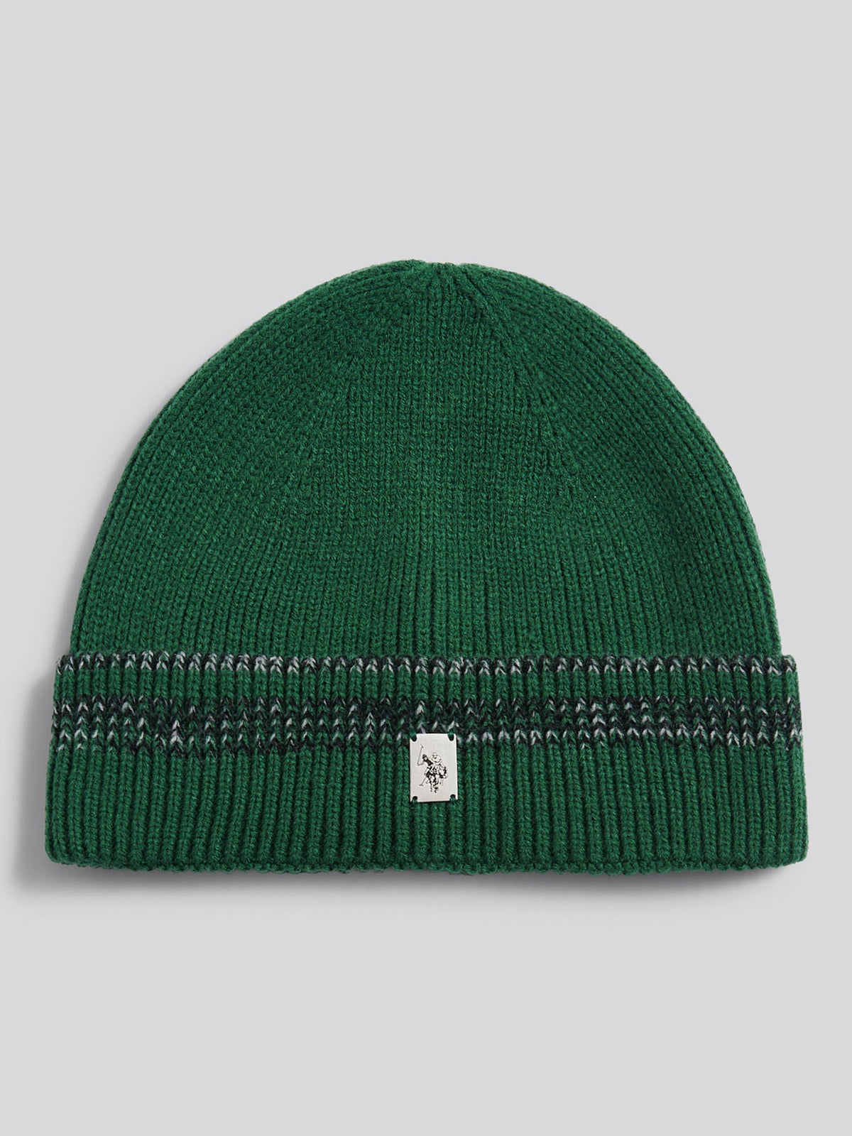 Mens Stripe Tipping Rib Knit Beanie in Pineneedle